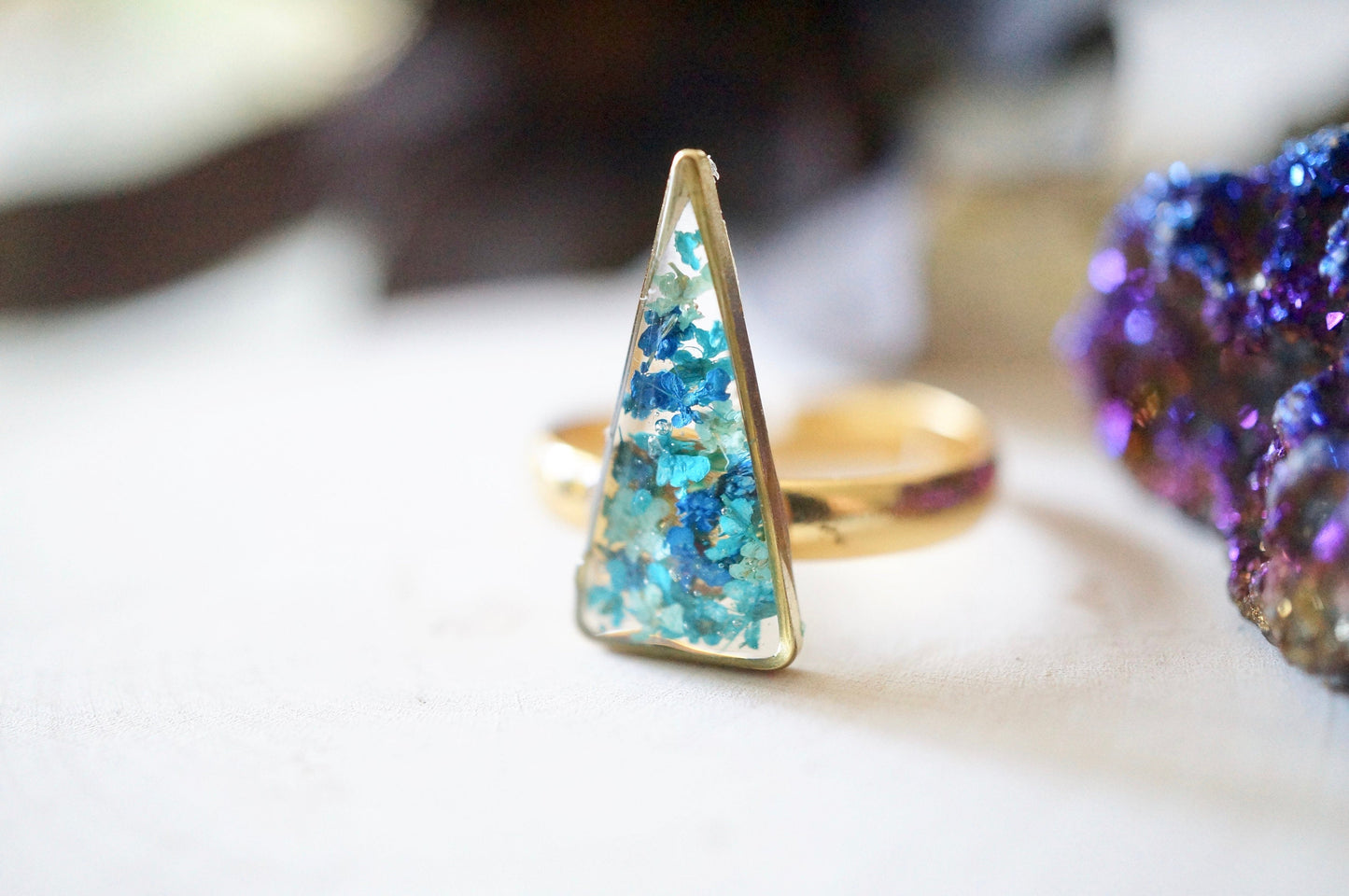 Real Pressed Flower and Resin Ring, Triangle Gold Band in Blue Teal Mint