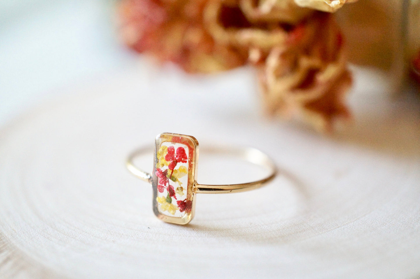 Real Pressed Flower and Resin Ring, Rectangle Gold Band in Yellow and Red