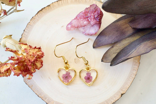 Real Pressed Flowers Earrings, Gold Heart Drops in Purple