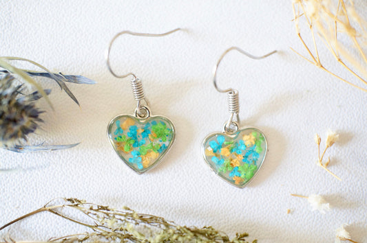 Real Pressed Flowers Earrings, Silver Heart Drops in Orange Teal Green