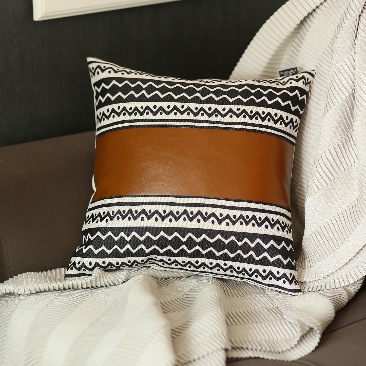 Boho Handcrafted Vegan Faux Leather Brown 17 in. x 17 in. Square Abstract Geometric Throw Pillow Cover