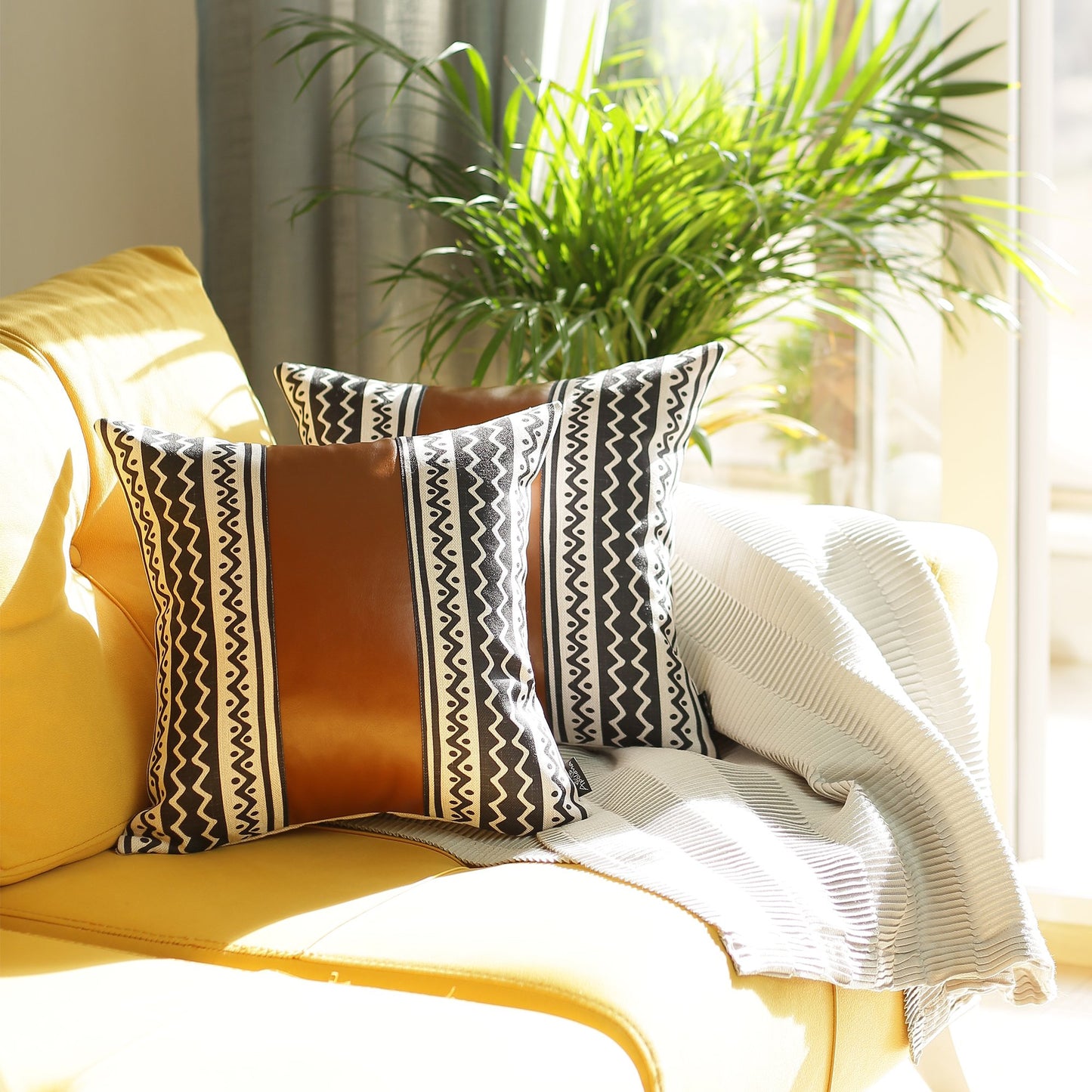 Boho Handcrafted Vegan Faux Leather Brown 17 in. x 17 in. Square Abstract Geometric Throw Pillow Cover