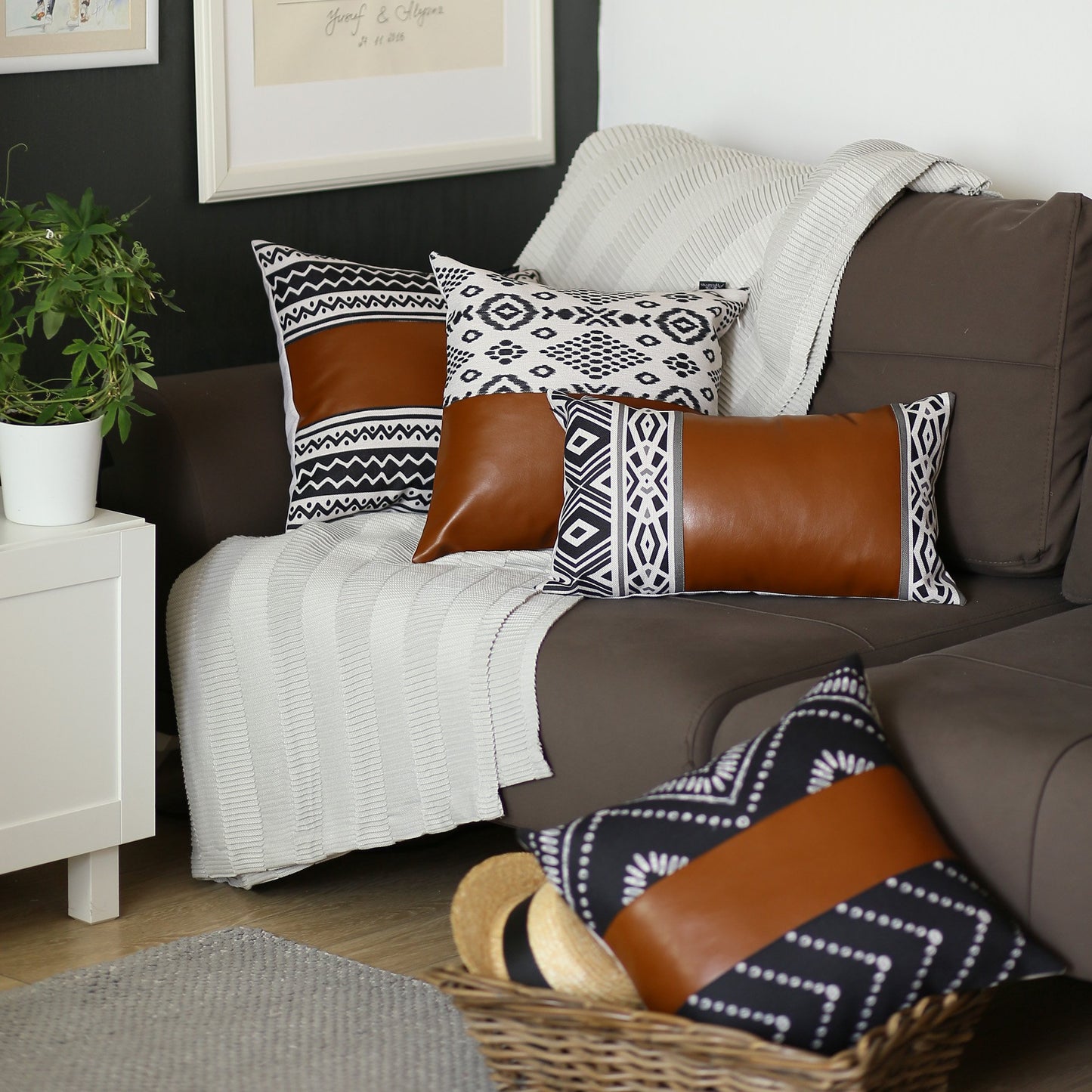 Boho Handcrafted Vegan Faux Leather Brown 17 in. x 17 in. Square Abstract Geometric Throw Pillow Cover