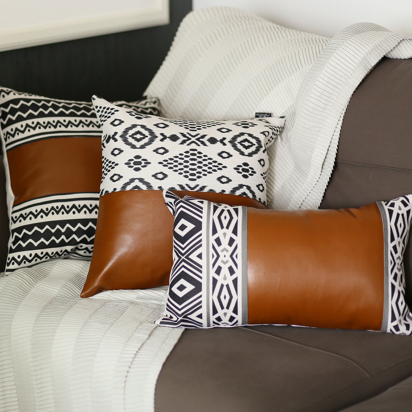 Boho Handcrafted Vegan Faux Leather Brown 17 in. x 17 in. Square Abstract Geometric Throw Pillow Cover