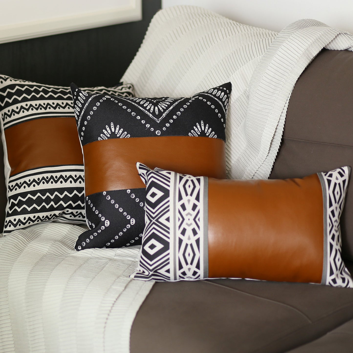 Boho Handcrafted Vegan Faux Leather Brown 17 in. x 17 in. Square Abstract Geometric Throw Pillow Cover
