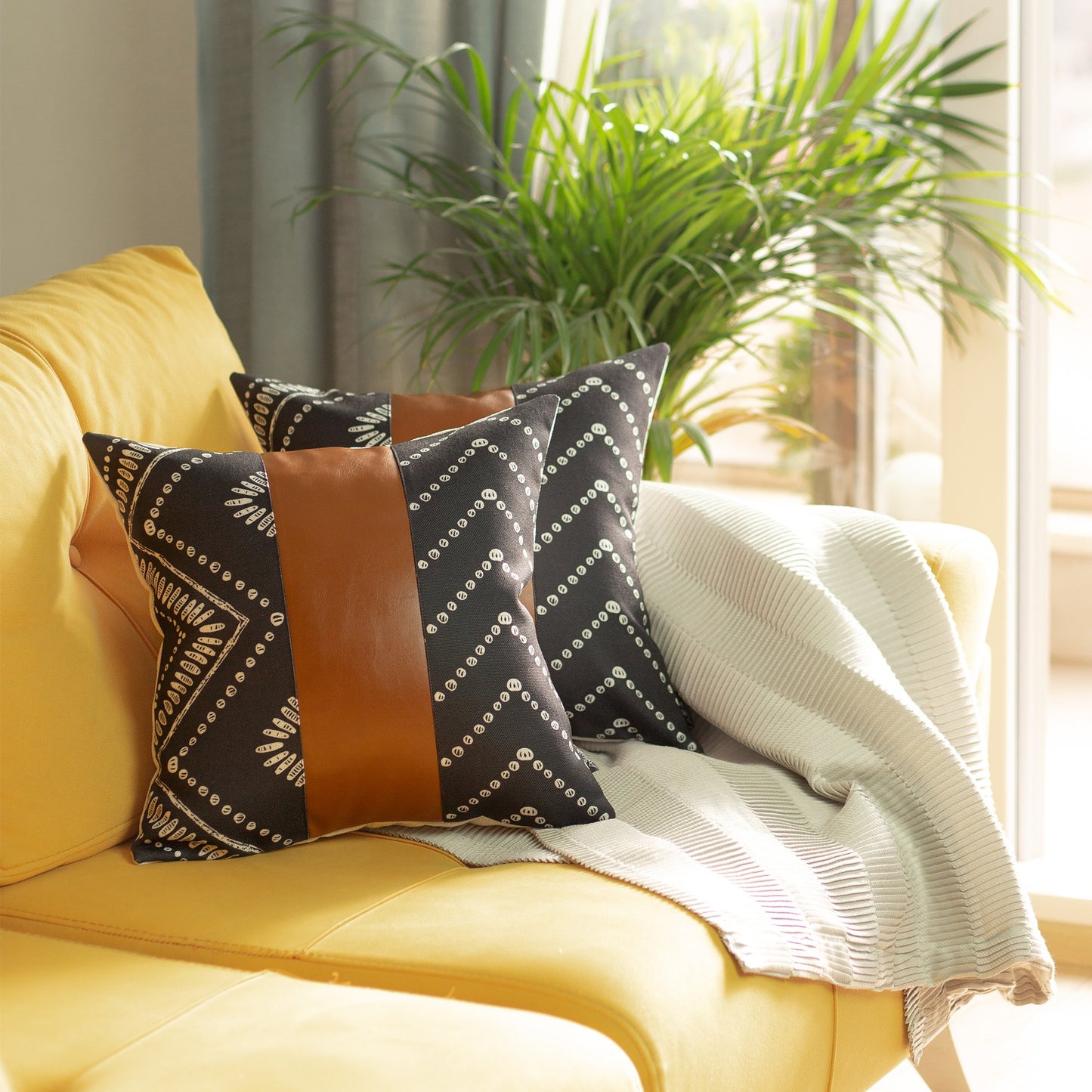Boho Handcrafted Vegan Faux Leather Square Abstract Geometric 17 in. x 17 in. Throw Pillow Cover