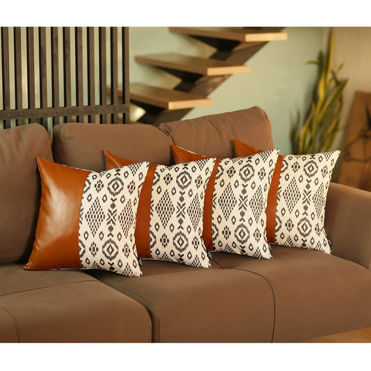Boho Handcrafted Vegan Faux Leather Square Abstract Geometric Throw Pillow Cover Set of 4