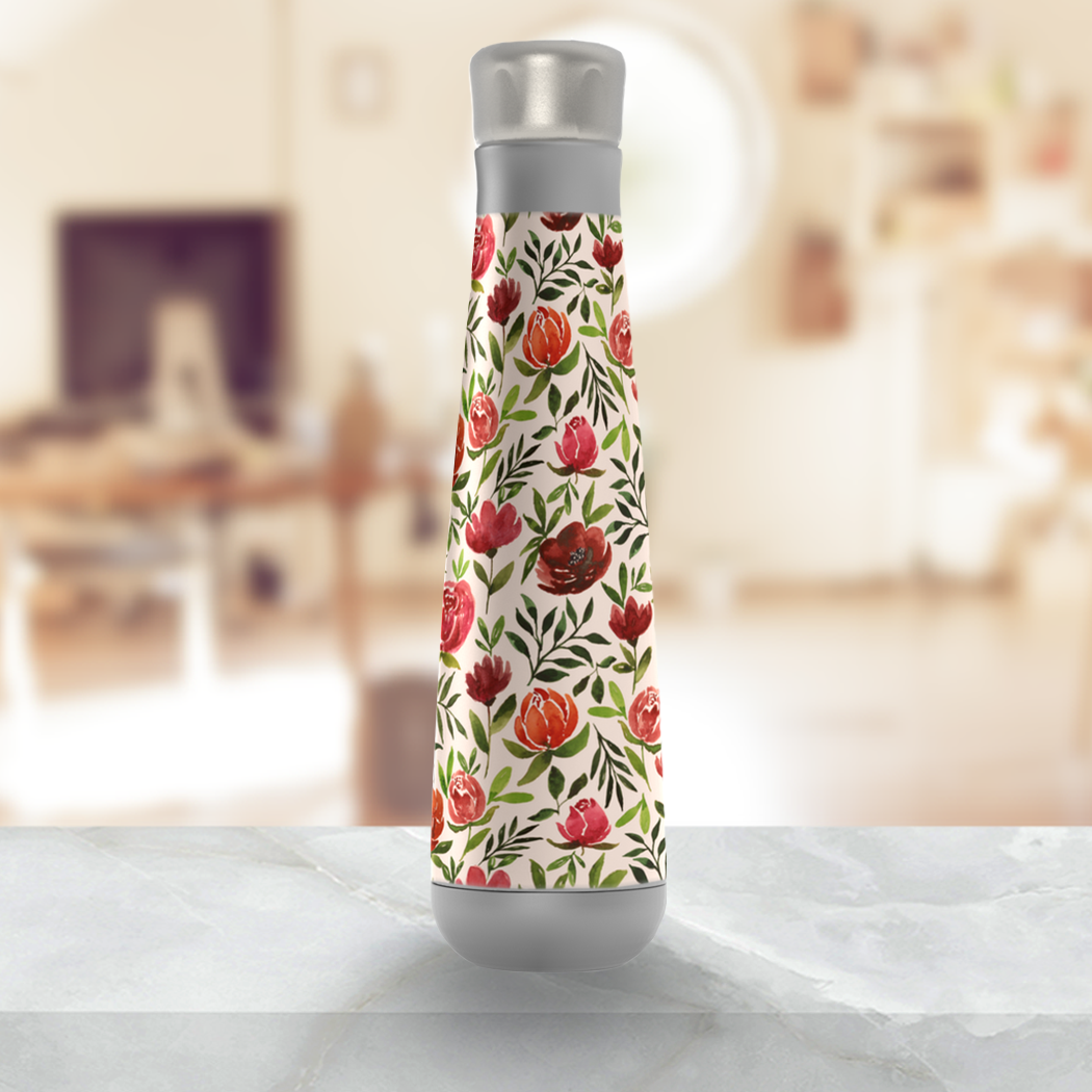 Burgundy Watercolor Floral Peristyle Water Bottle