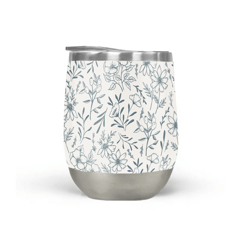 Blue Gray Flower Stemless Wine Tumbler